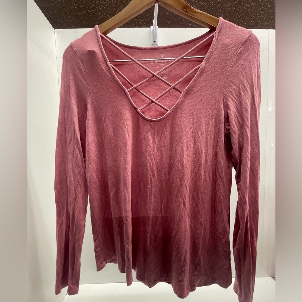 American Eagle Outfitters Dusty Rose Crisscross V-Neck Long Sleeve Top‎